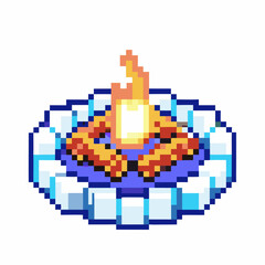 Fototapeta premium Pixel campfire with blazing flames in a stone fire pit, retro video game style, bonfire for adventure or survival concept