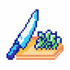 Obraz premium Pixel art chef knife slicing vegetables on wooden cutting board, retro culinary preparation, digital kitchen icon