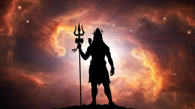 Lord Shiva Standing with Trident in Celestial Space Surrounded by Stars and Mystical Energy