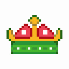 Fototapeta premium Pixel art crown illustration retro digital style, colorful royal headwear with red, green, and yellow blocky design on white
