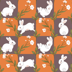 White Rabbits Checkers Vector Seamless Pattern