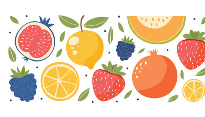 Collection of abstract fruit contemporary art print. Modern poster with hand drawn lemon, strawberry, fig, garnet, peach and orange. Trendy design for wallpaper, wall decor, postcard, cover,leaf, 