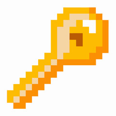 Fototapeta premium Pixel art golden key isolated on white background retro digital symbol, vintage game item, security access, treasure unlock concept