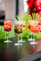 A set of five elegant cocktails in wine glasses, garnished with fresh fruits and mint leaves, displayed on a black table with lush green foliage in the background. Vibrant, refreshing, and stylish.