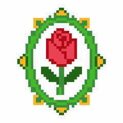 Obraz premium Pixel art red rose in green oval decorative frame, retro 8 bit floral design, romantic digital flower illustration
