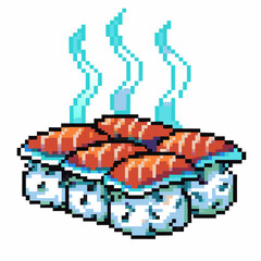 Fototapeta premium Pixel art sushi illustration with six pieces of steaming salmon nigiri retro 8 bit style, japanese cuisine, delicious meal