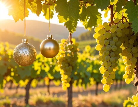 Decoraciones navide&ntilde;as colgando de un parr&oacute;n lleno de uvas