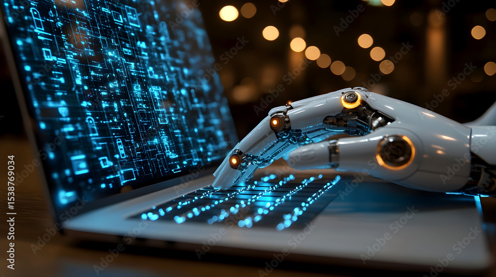 Aufkleber robotic hand interacting with a laptop keyboard, illuminated by blue light, showcasing advanced tech