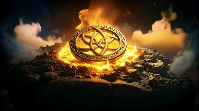 Golden Celtic Knot Medallion Lit by Flames and Smoke, Symbolizing Ancient Wisdom, Mysticism and Rich Heritage.