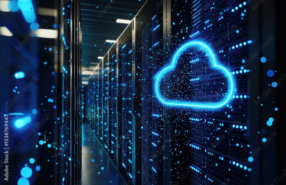 Poster futuristic server hallway with glowing blue cloud icon and floating data particles, ideal for cloud 