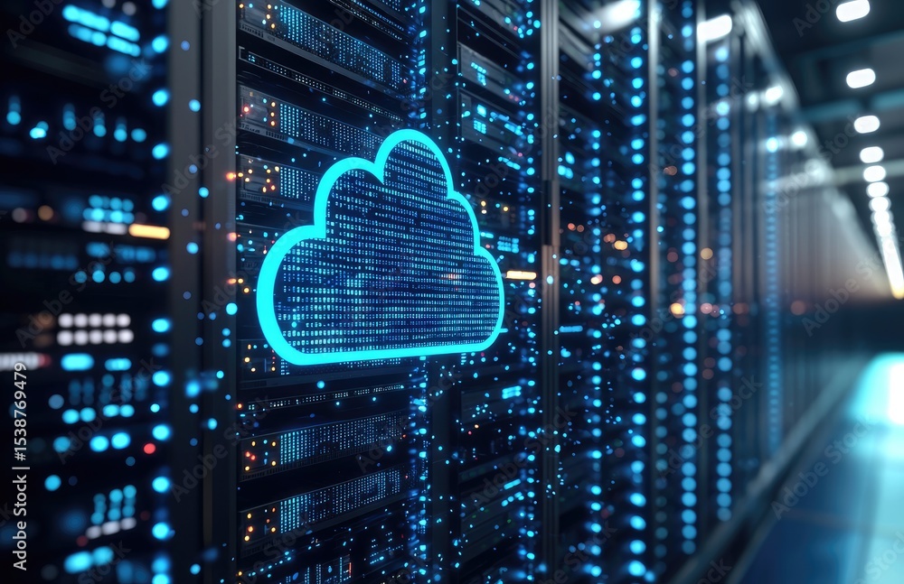 Poster advanced server room with floating blue digital cloud icon and illuminated data particles, ideal for