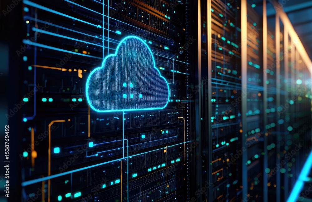 Aufkleber digital server room with illuminated blue cloud symbol and data flow lines, ideal for representing c