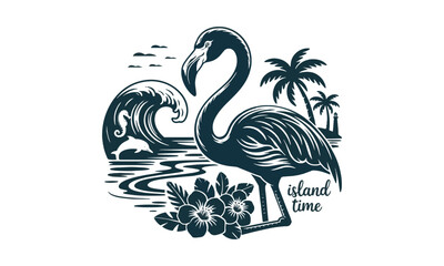 Scalable vector illustration inspired by a tropical and coastal motif using flat, variety of natural and nautical elements such as palm trees, tropical flowers, leaves, easily editable and scalable.