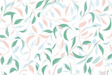 Fototapeta premium Seamless Pastel Green Pink Blue Leaf Pattern Botanical White Background