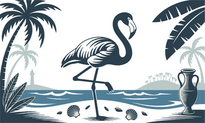 Scalable vector illustration inspired by a tropical and coastal motif using flat, variety of natural and nautical elements such as palm trees, tropical flowers, leaves, easily editable and scalable.