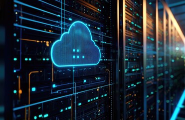 Digital server room with illuminated blue cloud symbol and data flow lines, ideal for representing cloud architecture, IT infrastructure, AI processing, and secure network storage