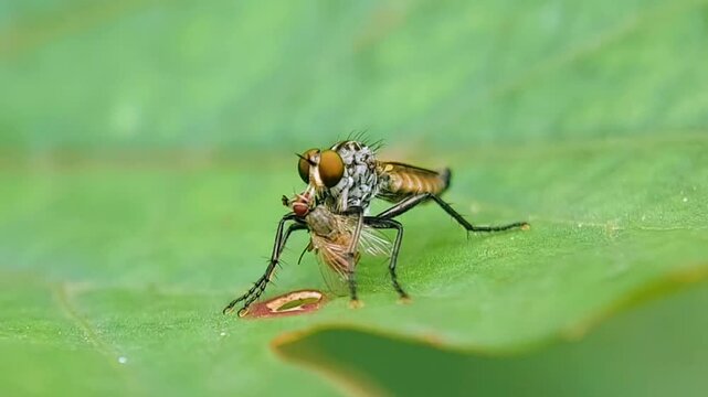 Slow Motion: Assassin Fly Capturing Prey on Green Leaf - Detailed Insect Predation in 4K