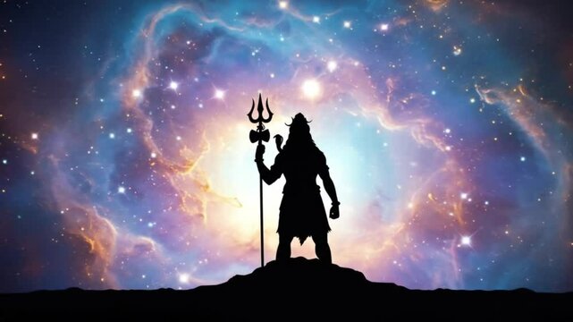 Cosmic Lord Shiva with Trident in Vibrant Galaxy Highlighting Divine Power and Universal Energy