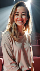 Obraz premium Warm sunlight falls on a woman's face as she smiles in a theater setting.