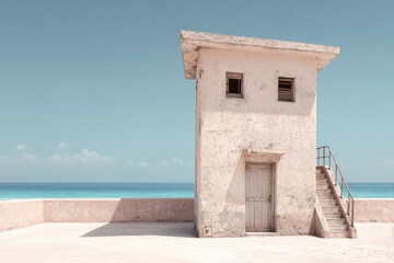 Minimalist weathered security outpost stands on serene coastline under clear blue sky, with stairs leading to top and calm ocean waters in background