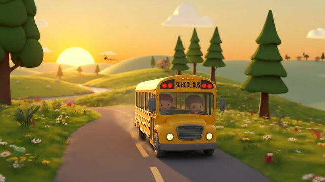 Whimsical Cartoon Landscape with School Bus at Sunrise