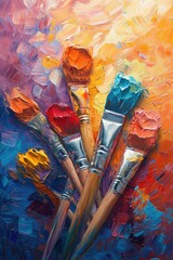 Obraz premium Impasto painting of paintbrushes laden with vibrant, multicolored oil paint, arranged on a textured canvas