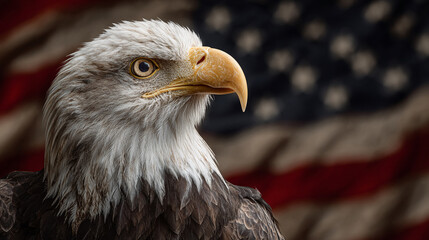 Naklejka premium Patriotic graphic with an eagle in a heroic pose, chest puffed, standing in front of a large rippling American flag