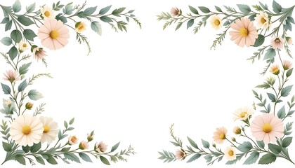Fototapeta premium Vintage floral border with soft pastel roses, peonies, and leaves on white background. Perfect for wedding invitations, greeting cards, and elegant designs with space for text in the center.