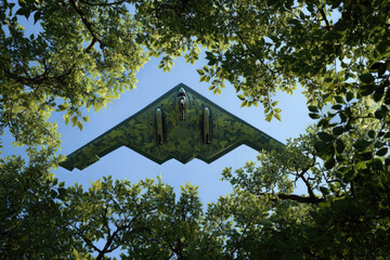 Camouflaged military drone flies low above green tree canopy under clear blue sky, showcasing advanced stealth technology and modern aerial design in natural forest environment