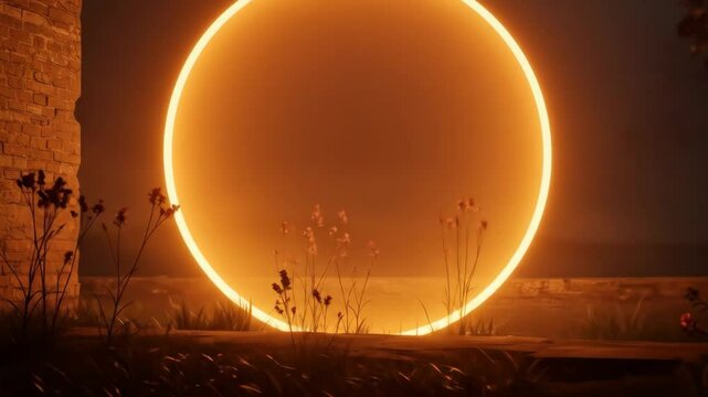 Glowing Circle Portal in Mystical Night Landscape - A large, warm-toned glowing circle illuminates a desolate yet beautiful landscape at night.