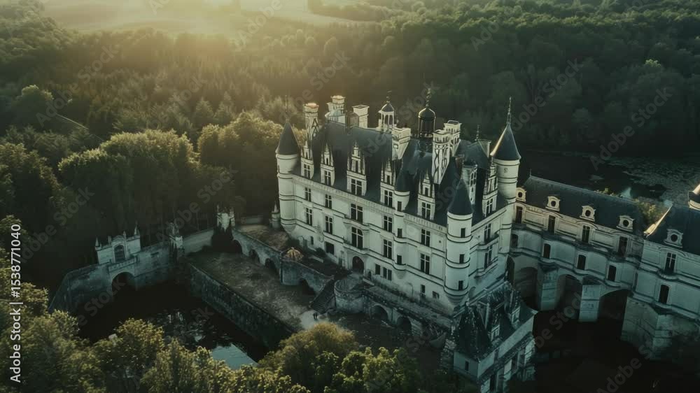 Poster aerial view of a medieval-style castle surrounded by trees and foliage