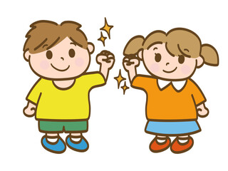 ガッツポーズでやる気満々の男の子と女の子の全身イラスト