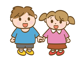 楽しそうに手をつなぐ男の子と女の子の全身イラスト