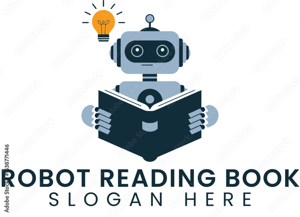 Aufkleber robot reading book knowledge innovation technology future learning education data idea icon blue