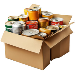 Assorted Canned Goods in a Cardboard Box for Food Storage and Organization on transparent background