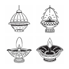 line art of ancient clay lamp bundle on the white background 