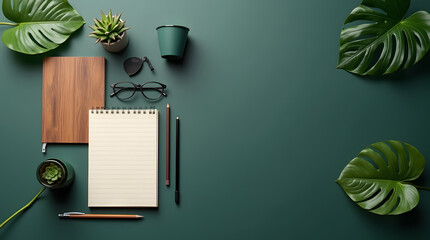 Office desk setup with notebooks, glasses, coffee, and tropical leaves
