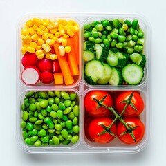 Top view of a plastic container with various fresh vegetables. Advertisement for a food delivery service