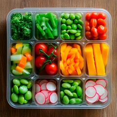 Plastic container on table filled with various vegetables including carrots, corn and green cucumber slices, cherry tomatoes, edamame beans, radishes. Top view, vegetable arrangement for food delivery