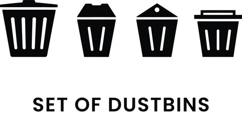 Collection of Four Simple Black Dustbin Icons Set ui ux can flat free trash waste white clean style 