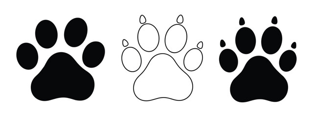Set of dog paw silhouettes in black and white vector illustration
