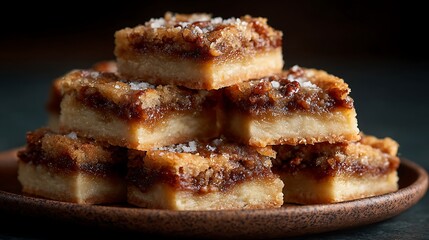 Stacked butter tart squares gleam on a rustic tray