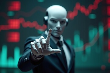 AI robot pointing, pushing & gesturing with digital technology financial graph background