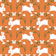 Jumping White Rabbits Under Flowers Vector Seamless Pattern