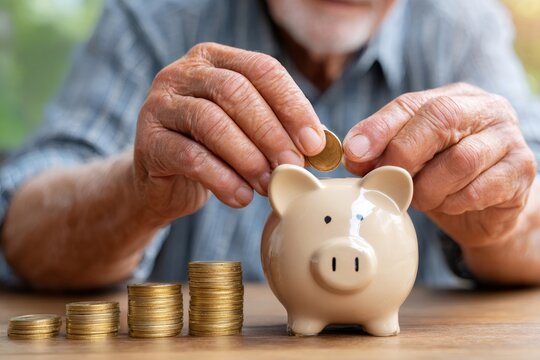 Senior man saving money in piggy bank with growing stacks of coins