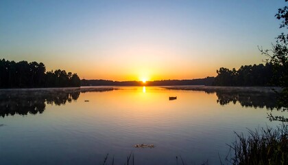 Naklejka premium Sunrise over tranquil lake with serene nature landscape, and golden hour reflection.