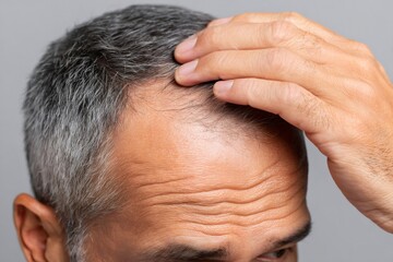 Fototapeta premium Mature man touching thinning hair and showing wrinkles on forehead