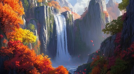Fototapeta premium Majestic Waterfall Surrounded by Vibrant Autumn Foliage in a Serene Mountain Landscape