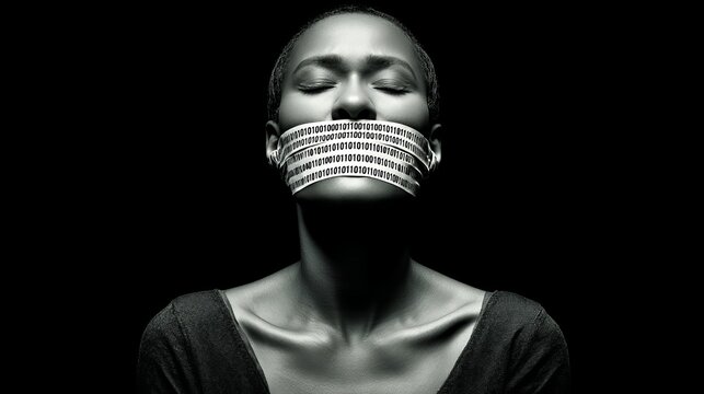Symbolic portrait of a person with binary code tape over mouth representing digital censorship and algorithmic silencing