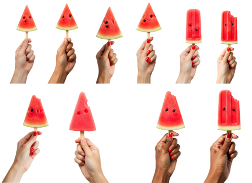 hands holding watermelon popsicle, transparent background - Powered by Adobe
